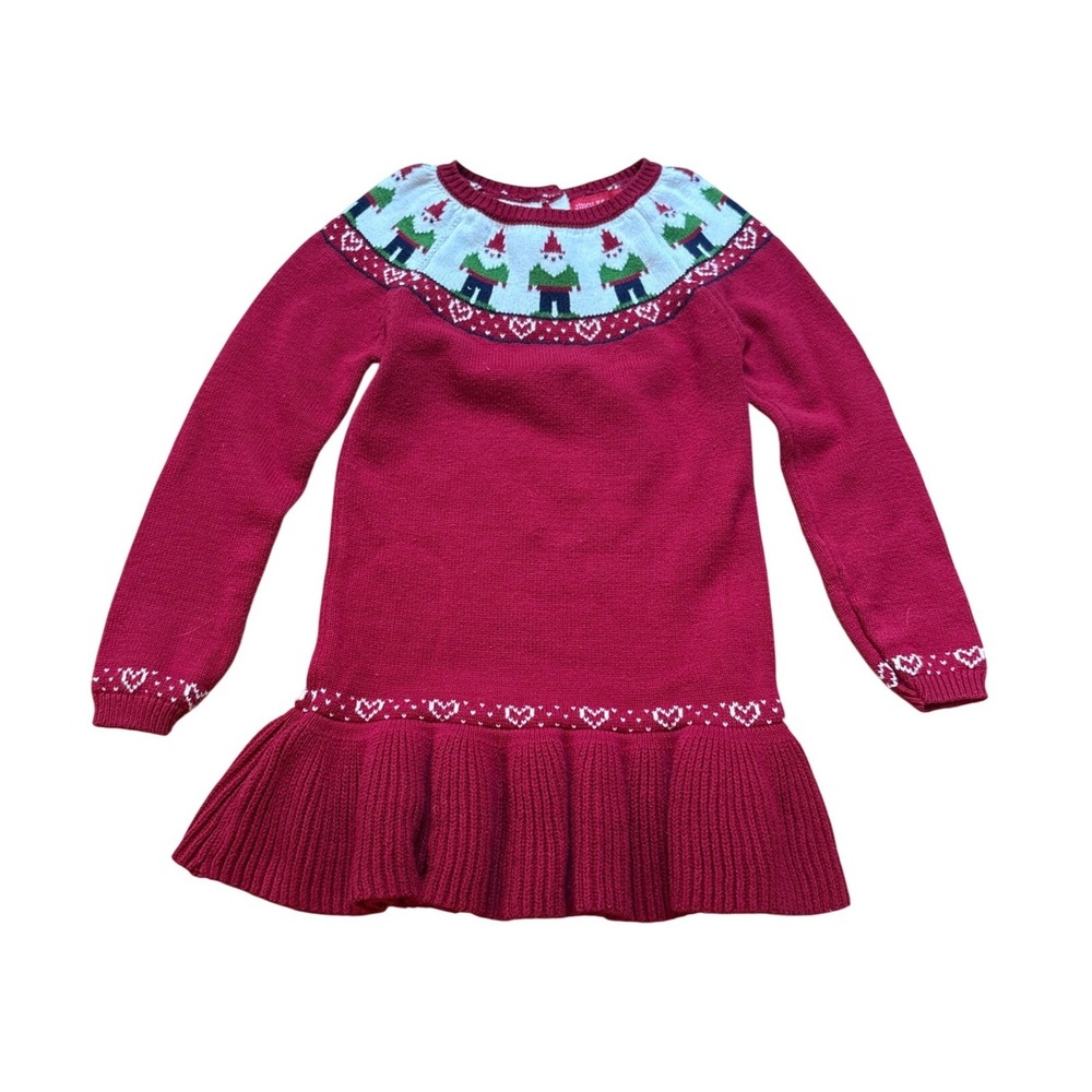 Jingles & Joy‎ Sweater Dress Kids Red Gnome Fair Isle Ruffle SIZE 6X